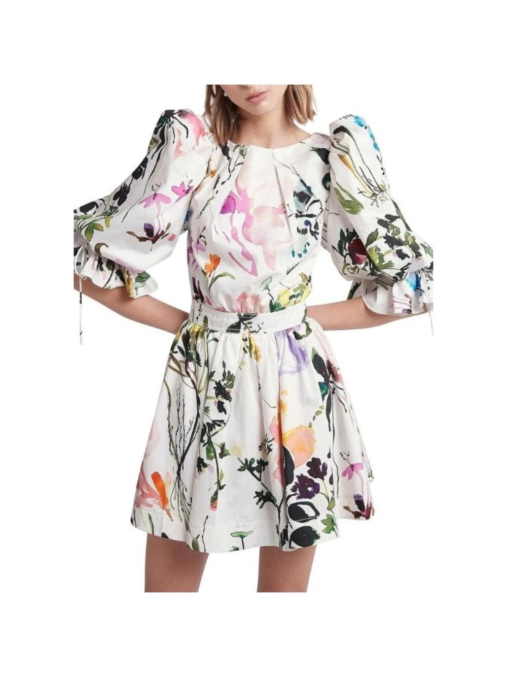 Aje Drift Floral Print Puff Sleeve Mini Dress Open Back Cotton US XS / AU 6 - Picture 6 of 13